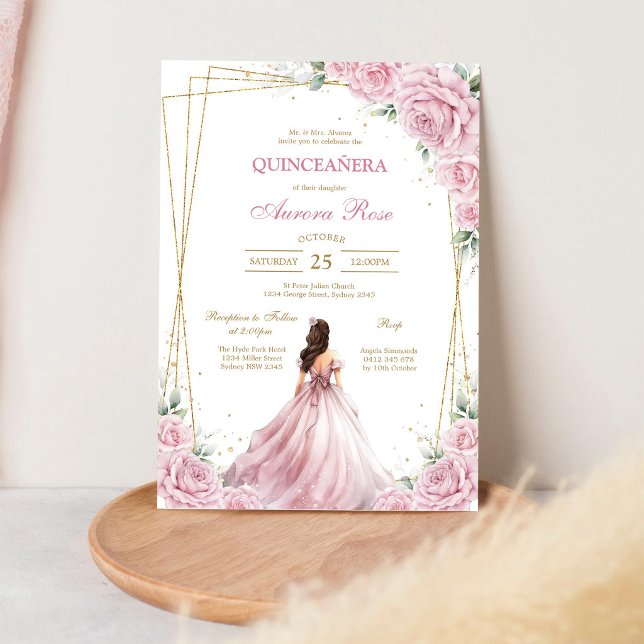 Convite de Quinceanera Floral Rosa Moderno (Criador carregado)