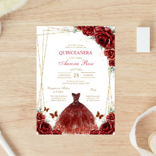 Convite de Quinceanera Floral Rosa Vermelha Modern