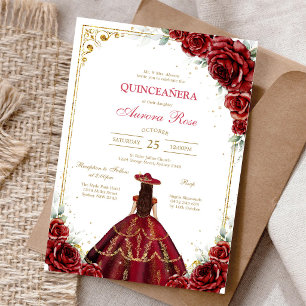 Convite de Quinceanera Floral Rosa Vermelha Modern