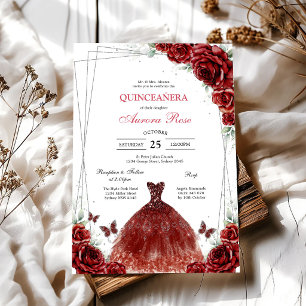 Convite de Quinceanera Floral Rosa Vermelha Modern