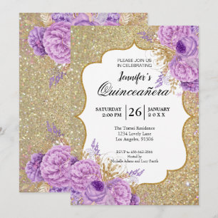 Convite de Quinceanera Floral Roxo com Brilho