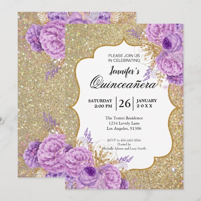 Convite de Quinceanera Floral Roxo com Brilho (Frente/Verso)