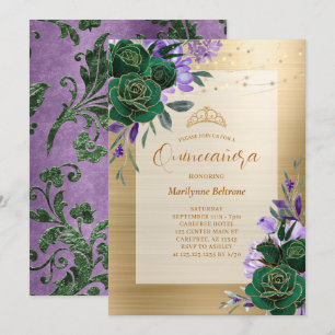Convite de Quinceañera Floral Roxo Verde Dourado