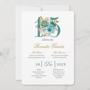 Convite de quinceañera floral turquesa