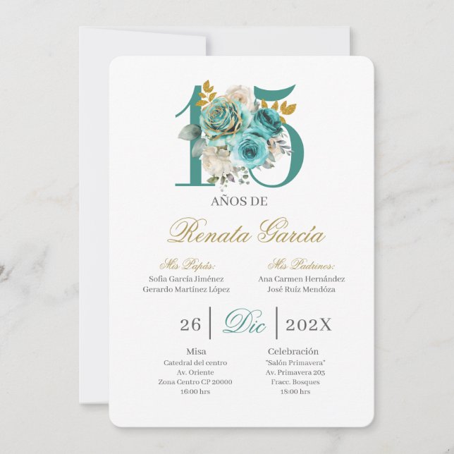 Convite de quinceañera floral turquesa (Frente)