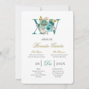 Convite de quinceañera floral turquesa