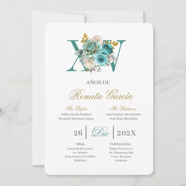 Convite de quinceañera floral turquesa (Frente)
