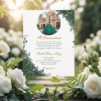 Convite de Quinceanera floral verde esmeralda com