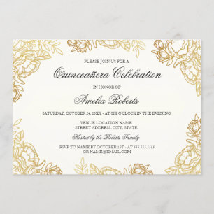 Convite de Quinceanera Floral Vintage Dourado Eleg