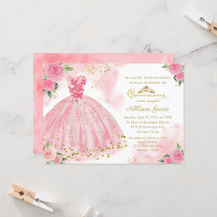 Convite de Quinceanera Folha de Ouro Vestido Rosa 