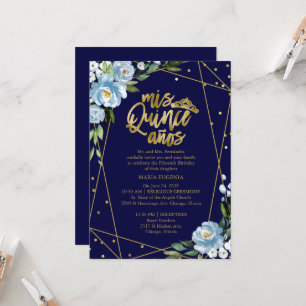 Convite de Quinceanera Folha Dourada Floral Azul E