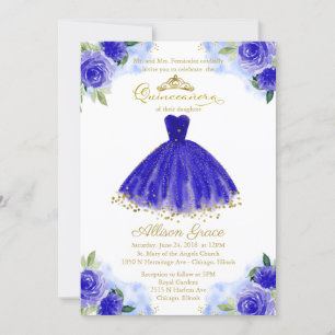 Convite de Quinceanera Folha Dourada Vestido Azul