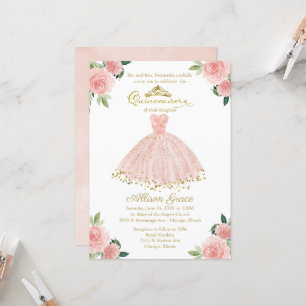 Convite de Quinceanera Folha Dourada Vestido Rosa