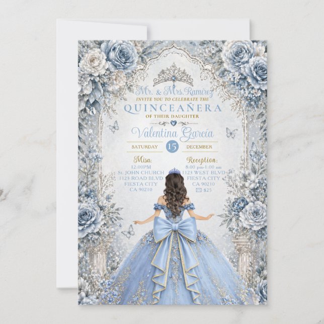 Convite de Quinceañera Frosty Dusty Azul Prata (Frente)