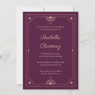 Convite de Quinceanera Fuchsia Rose Gold Deco
