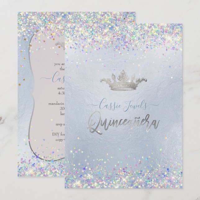 Convite de Quinceanera Iridescente+Coroa de Prince (Frente/Verso)