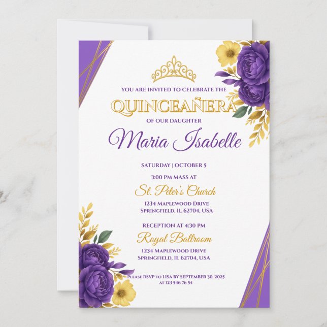 Convite de Quinceañera Lavanda e Dourado (Frente)