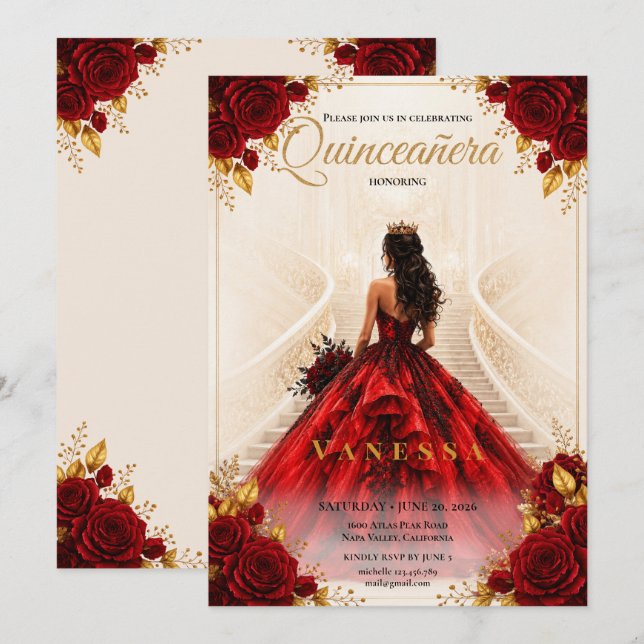 Convite de Quinceanera Leia e Dourado (Frente/Verso)