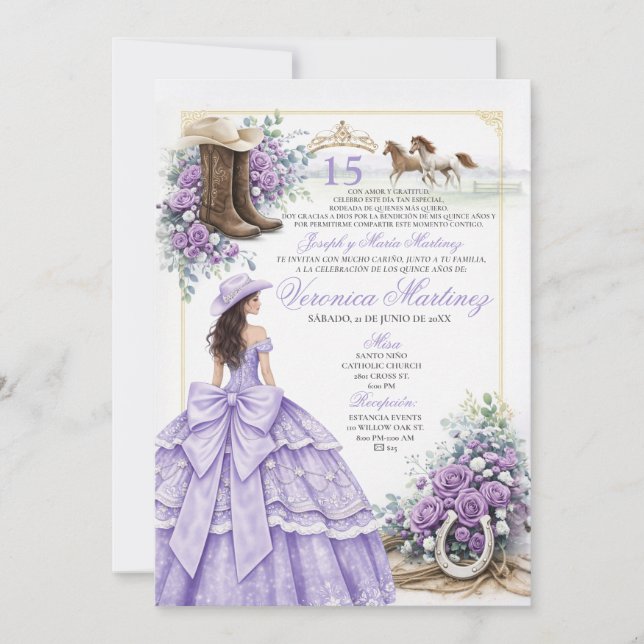 Convite de Quinceañera Lilás Lavanda Ocidental (Frente)