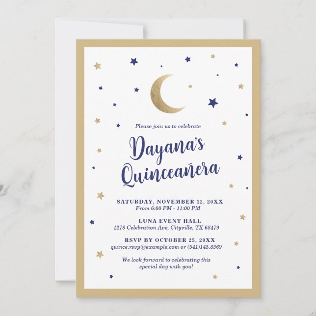 Convite de Quinceanera Lua e Estrelas (Frente)