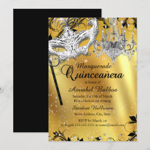 Convite de Quinceanera Máscara Dourada Lustre
