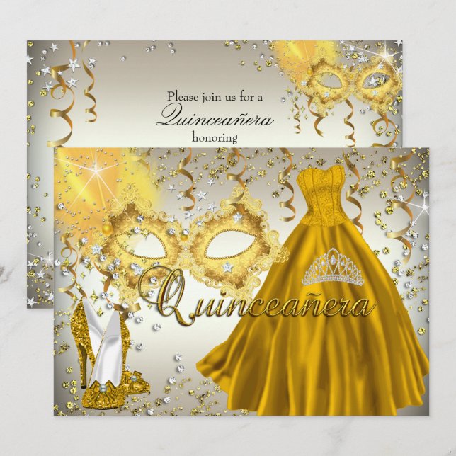 Convite de Quinceanera Máscara Dourada Prata Masca (Frente/Verso)