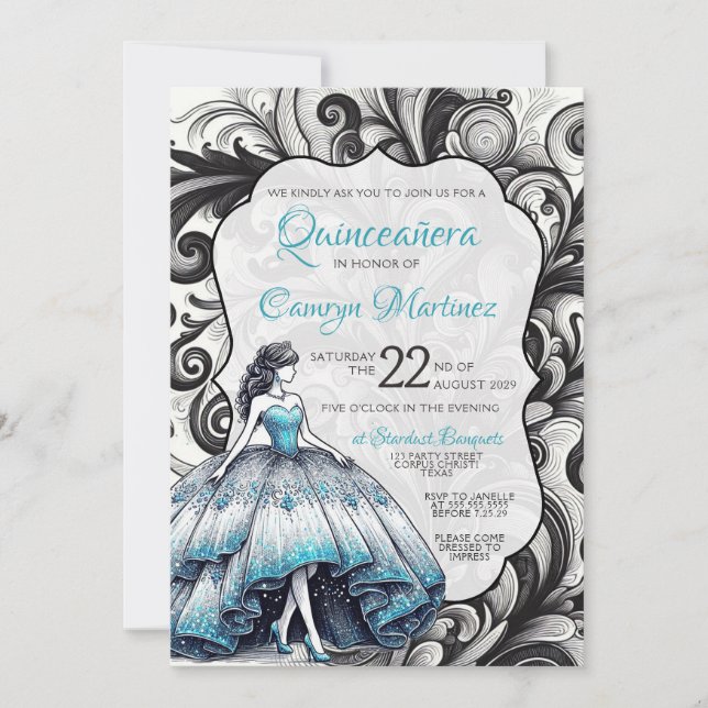 Convite de Quinceañera Menina Azul-Turquesa (Frente)