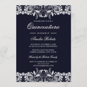 Convite de Quinceanera Navy com Renda Branca Vinta