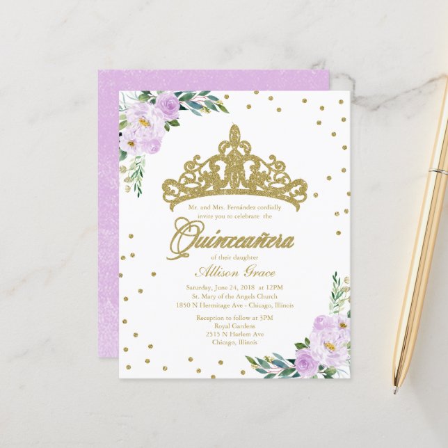 Convite de Quinceanera Orçamento Coroa de Ouro (Frente/Verso In Situ)