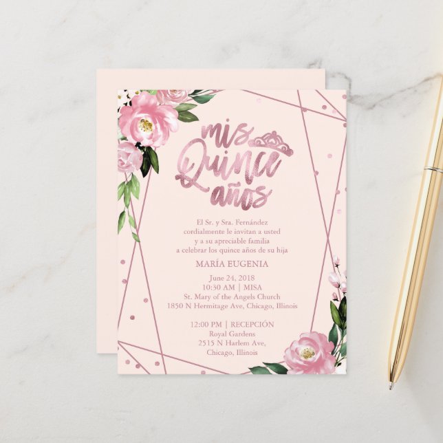 Convite de Quinceanera Orçamento Espanhol Rosa Cor (Frente/Verso In Situ)