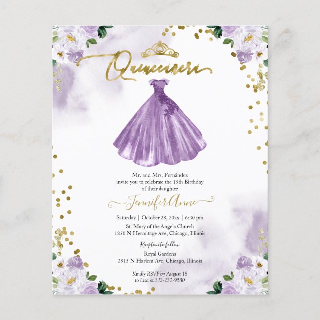 Convite de Quinceanera Orçamento Floral Bilíngue (Frente)