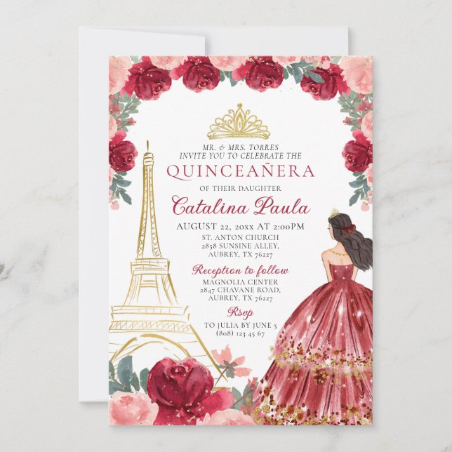 Convite de Quinceañera Paris Coroa de Ouro Rosa Ve (Frente)