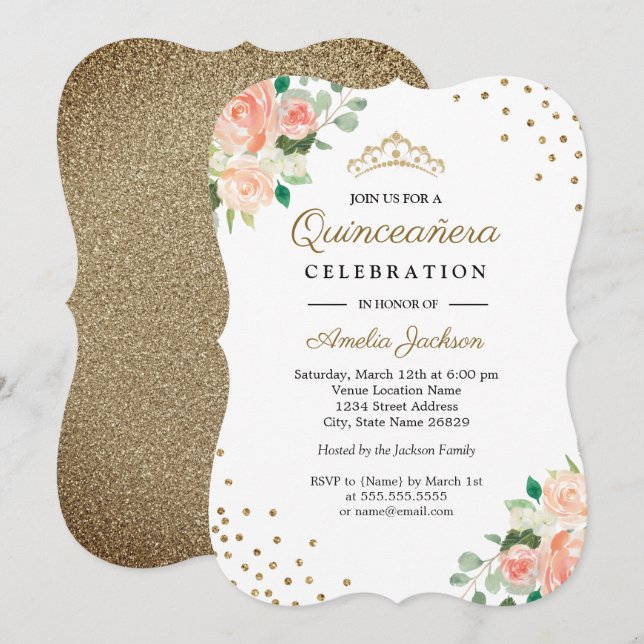 Convite de Quinceanera Peach Gold Floral Confetti (Frente/Verso)