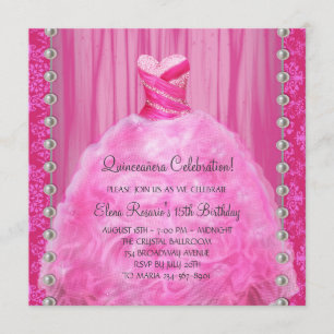 Convite de Quinceanera Pérolas Rosa Quente Vestido