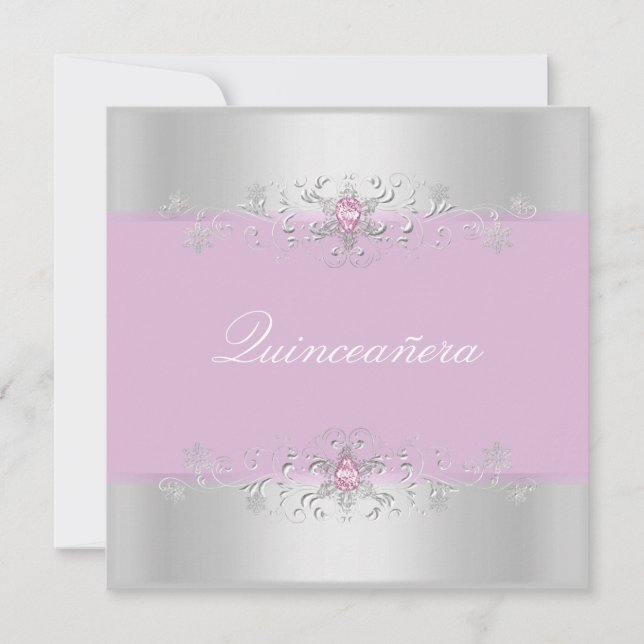 Convite de Quinceanera Pink & Silver Snow Gem (Frente)