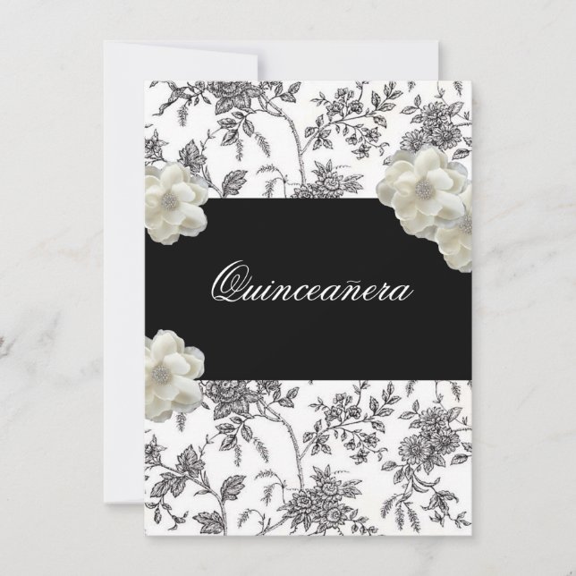 Convite de Quinceanera Preto e Branco Elegante (Frente)