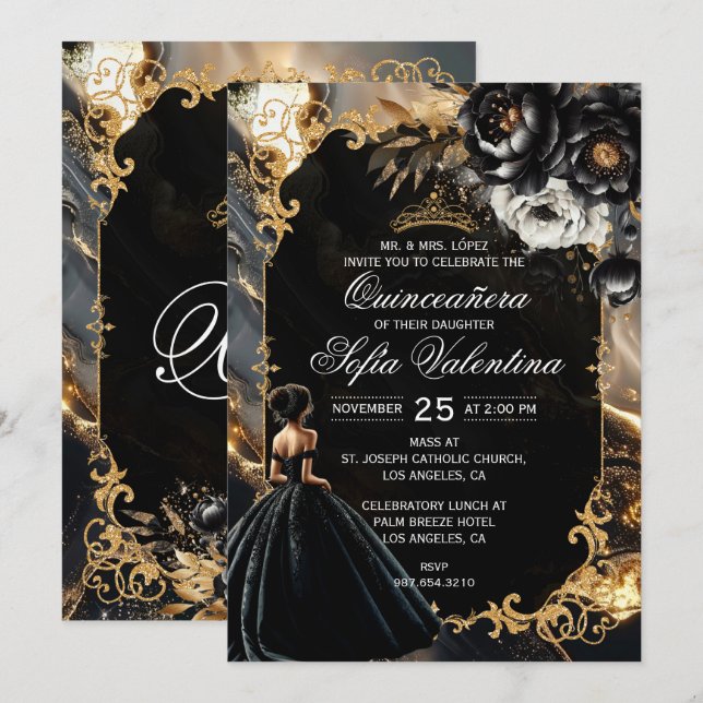 Convite de Quinceañera Preto e Dourado (Frente/Verso)