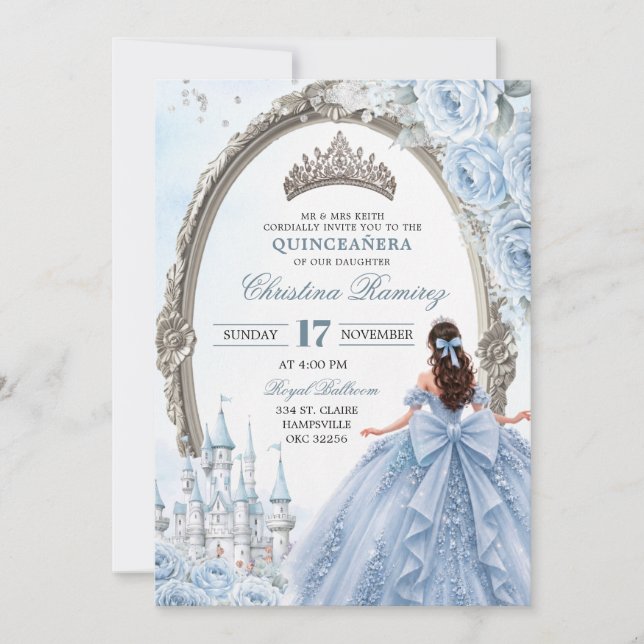 Convite de Quinceanera Princesa Azul Claro (Frente)