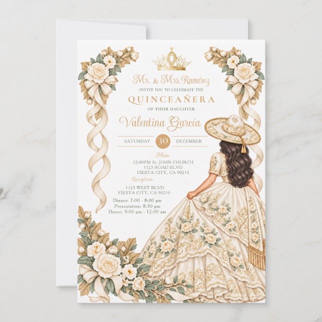 Convite de Quinceañera Princesa com Arco de Flores (Frente)
