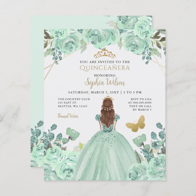 Convite de Quinceañera Princesa Dourado Cunhado Or (Frente/Verso)