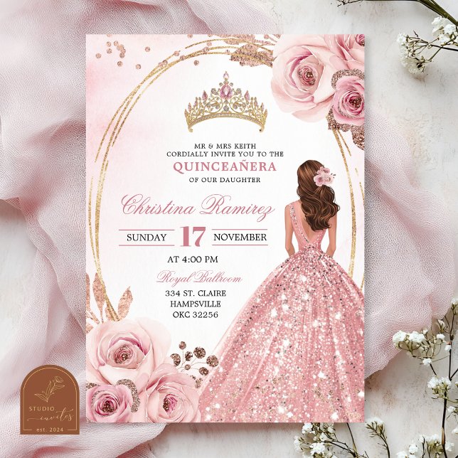 Convite de Quinceanera Princesa em Rose Gold (Criador carregado)