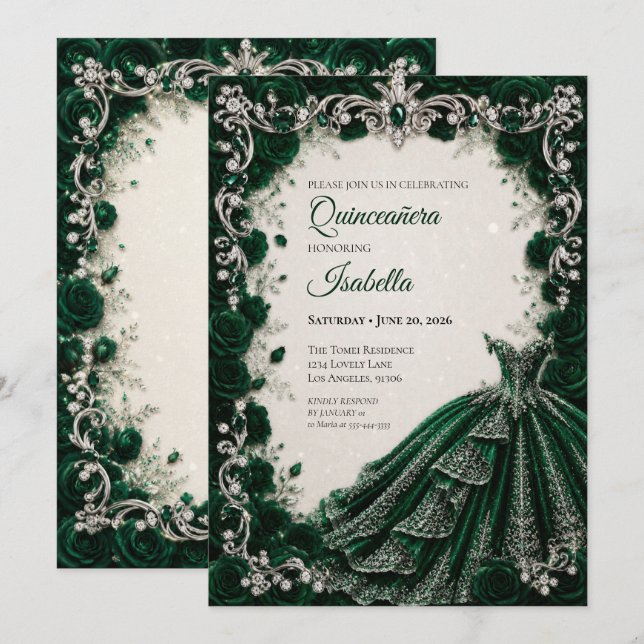 Convite de Quinceañera Princesa Esmeralda de Luxo (Frente/Verso)