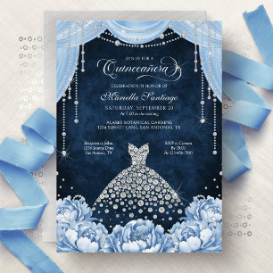 Convite de Quinceanera Princesa Floral Azul Claro