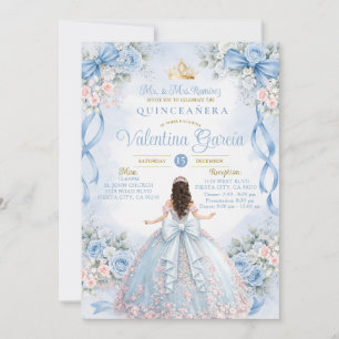 Convite de Quinceañera Princesa Rosa Azul Empoeira