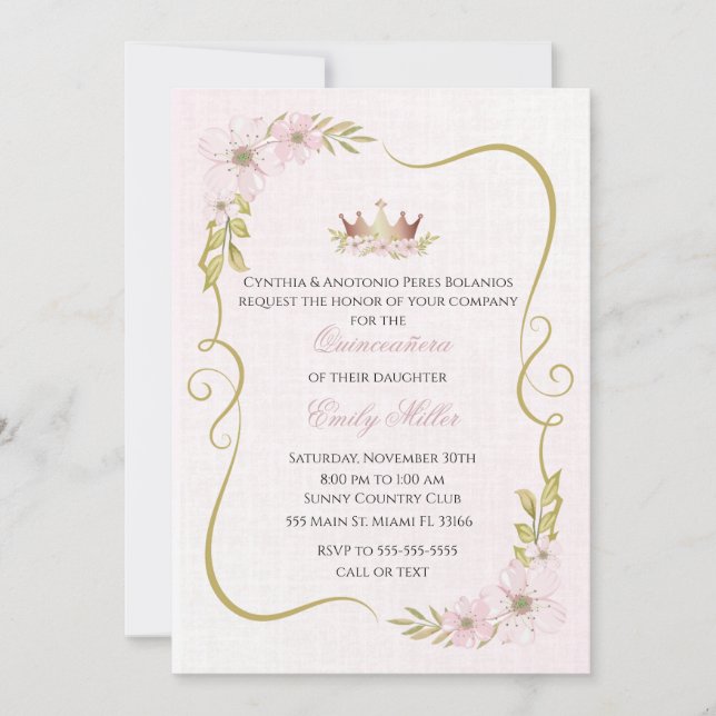 Convite de Quinceañera princesa rosa encabulada (Frente)