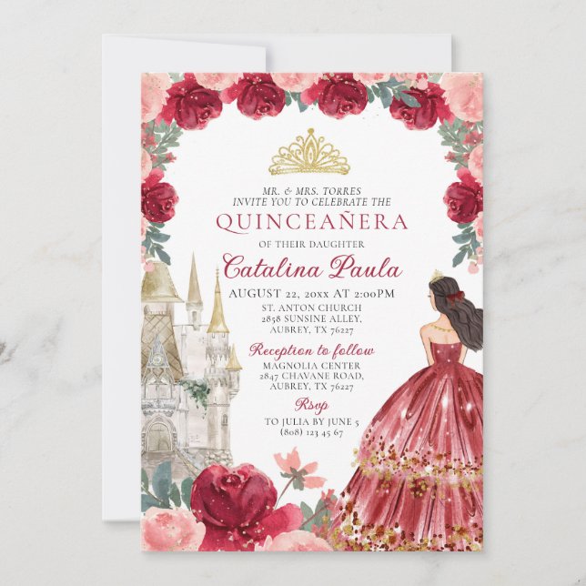 Convite de Quinceañera Princesa Tiara Dourada Verm (Frente)