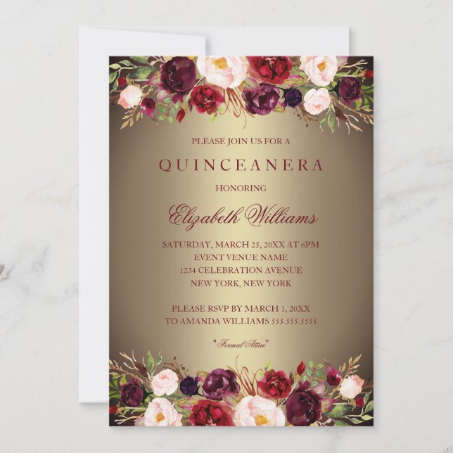 Convite de Quinceanera Rosa Borgonha Dourada Elega (Frente)