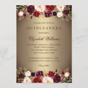 Convite de Quinceanera Rosa Borgonha Dourada Elega