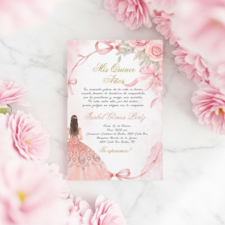Convite de Quinceanera rosa coquette em espanhol