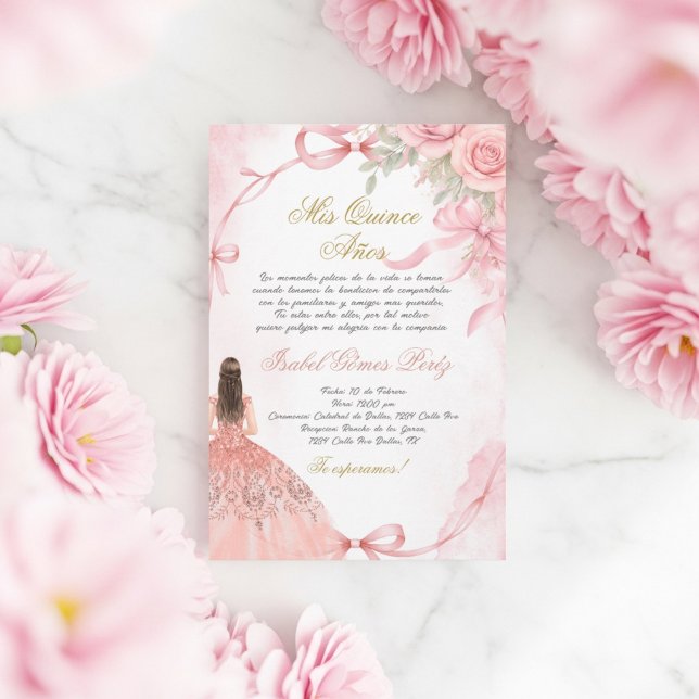 Convite de Quinceanera rosa coquette em espanhol (Criador carregado)